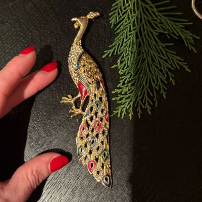 Брошь Павлин 15 см бижутерия эмаль стразы