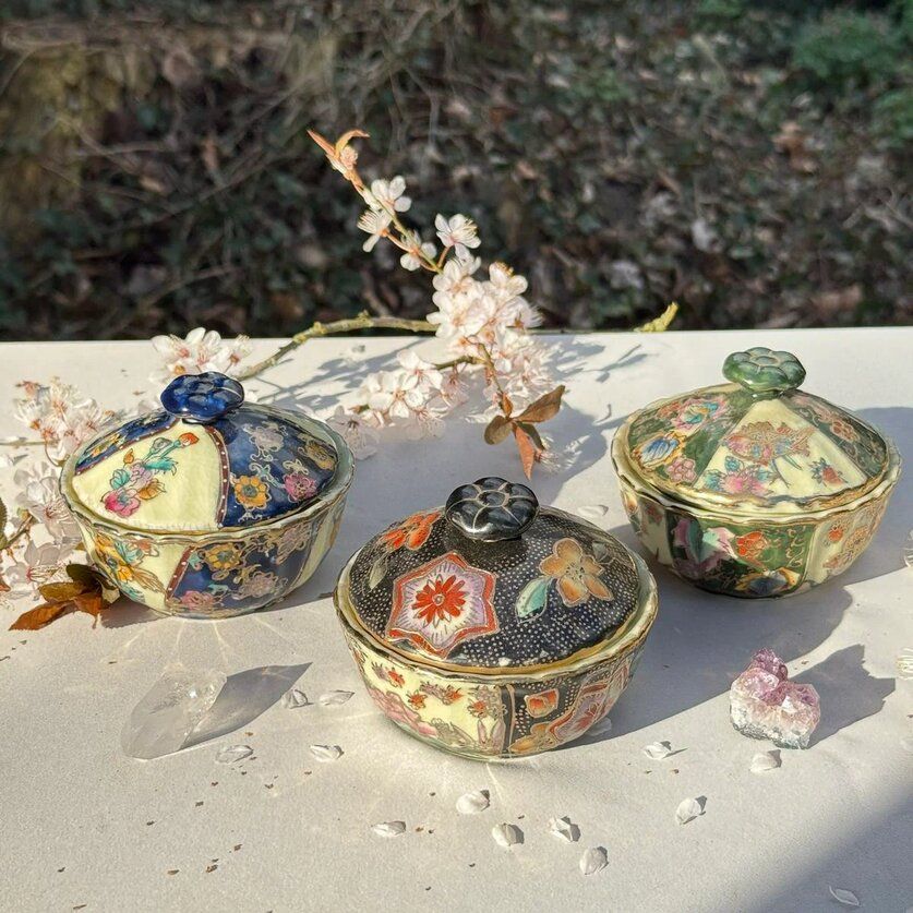 Чаша суповая, сахарница Satsuma фарфор роспись 50-е гг Шинуазри черная 13 см