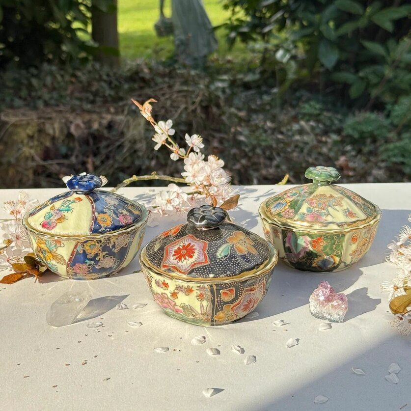 Чаша суповая, сахарница Satsuma фарфор роспись 50-е гг Шинуазри черная 13 см