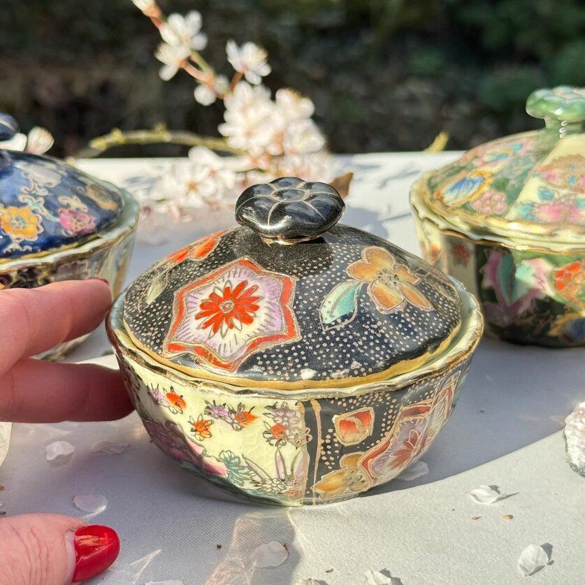 Чаша суповая, сахарница Satsuma фарфор роспись 50-е гг Шинуазри черная 13 см