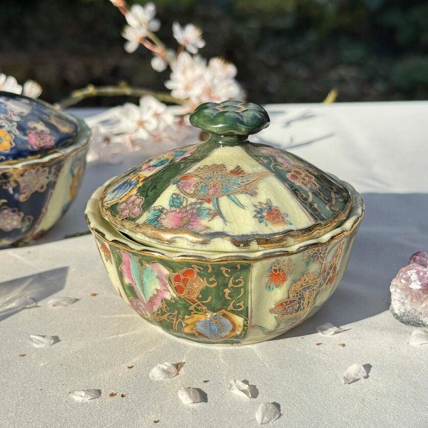 Чаша суповая, сахарница Satsuma фарфор роспись 50-е гг Шинуазри черная 13 см