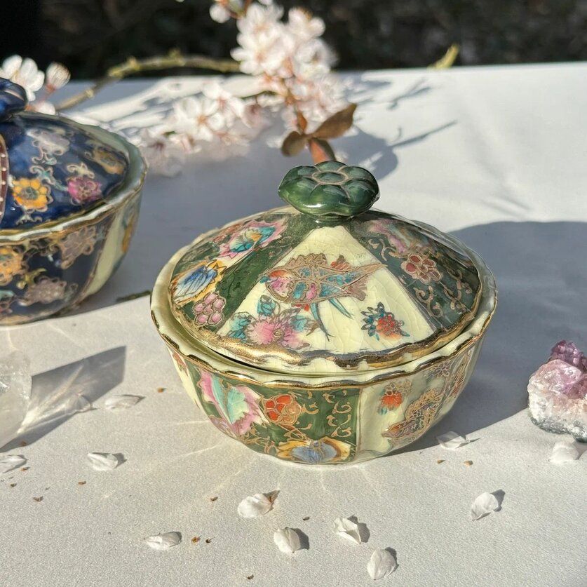 Чаша суповая, сахарница Satsuma фарфор роспись 50-е гг Шинуазри черная 13 см