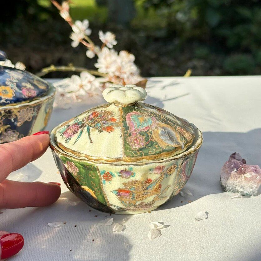 Чаша суповая, сахарница Satsuma фарфор роспись 50-е гг Шинуазри черная 13 см