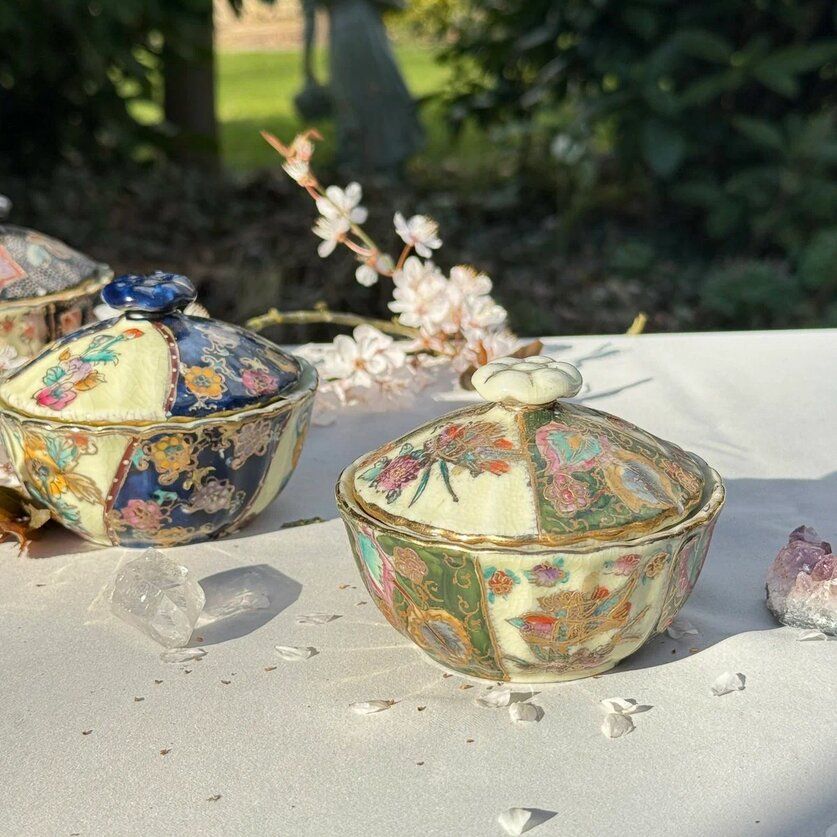 Чаша суповая, сахарница Satsuma фарфор роспись 50-е гг Шинуазри черная 13 см