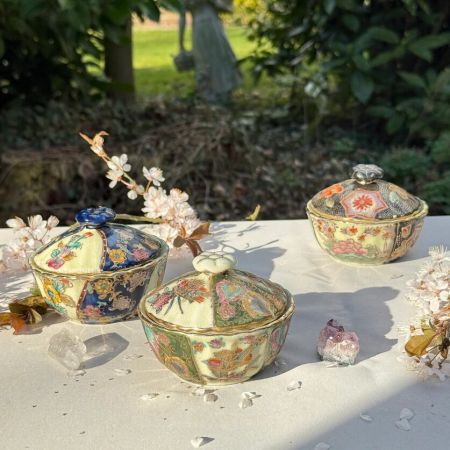 Чаша суповая, сахарница Satsuma фарфор роспись 50-е гг Шинуазри черная 13 см