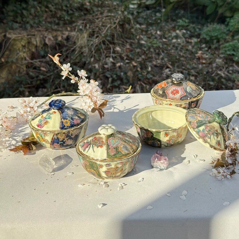 Чаша суповая, сахарница Satsuma фарфор роспись 50-е гг Шинуазри черная 13 см