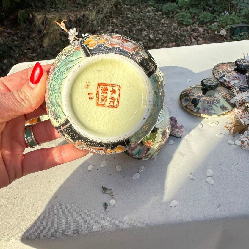 Чаша суповая, сахарница Satsuma фарфор роспись 50-е гг Шинуазри черная 13 см