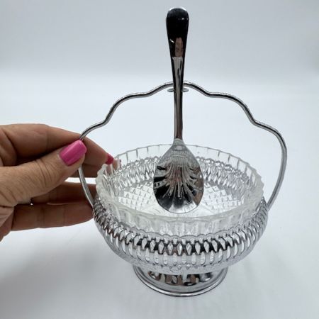 Икорница с ложкой 19 см сталь хромирование хрусталь Англия