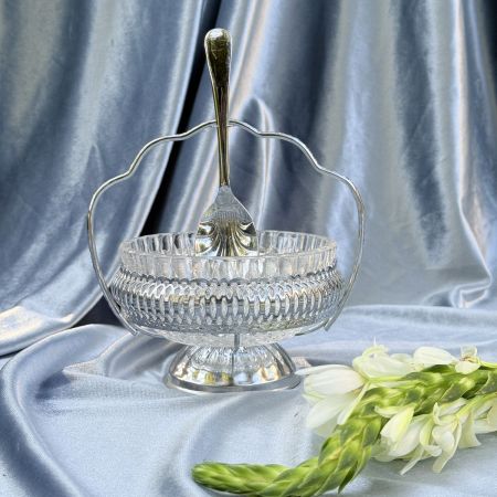 Икорница с ложкой 19 см сталь хромирование хрусталь Англия
