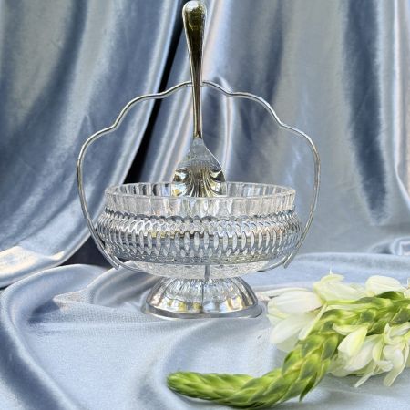 Икорница с ложкой 19 см сталь хромирование хрусталь Англия