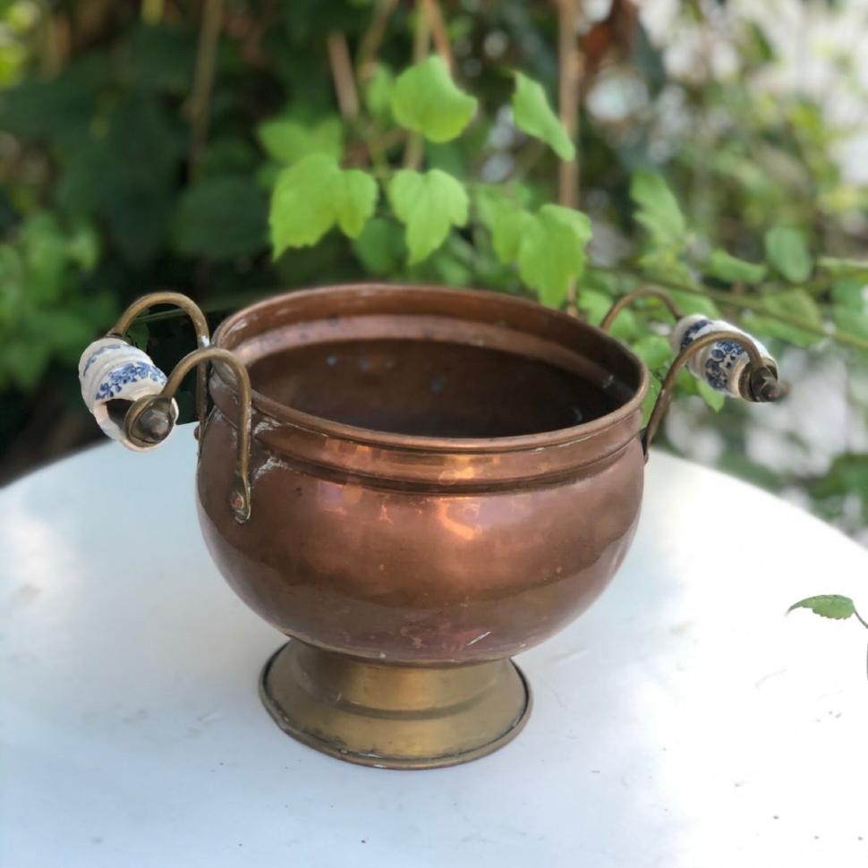 Кашпо зольник 15 см с керамическими ручками медь латунь