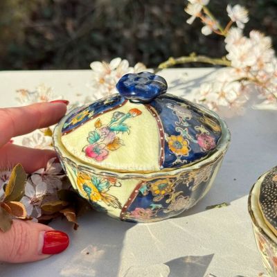 Чаша суповая, сахарница Satsuma фарфор роспись 50-е гг Шинуазри синяя 13 см