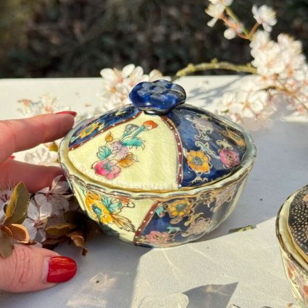 Чаша суповая, сахарница Satsuma фарфор роспись 50-е гг Шинуазри синяя 13 см