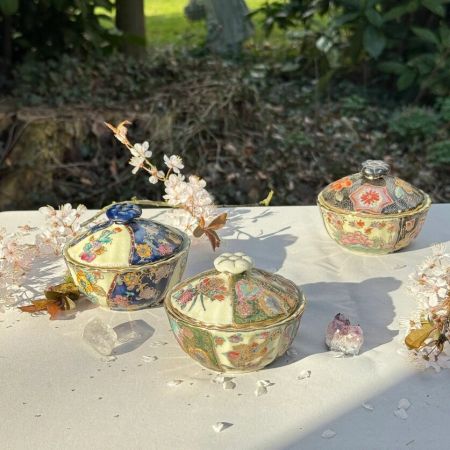 Чаша суповая, сахарница Satsuma фарфор роспись 50-е гг Шинуазри синяя 13 см