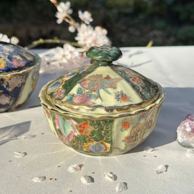 Чаша суповая, сахарница Satsuma фарфор роспись 50-е гг Шинуазри зеленая 13 см