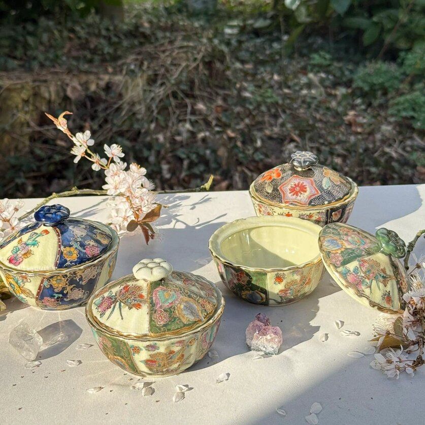 Чаша суповая, сахарница Satsuma фарфор роспись 50-е гг Шинуазри зеленая 13 см