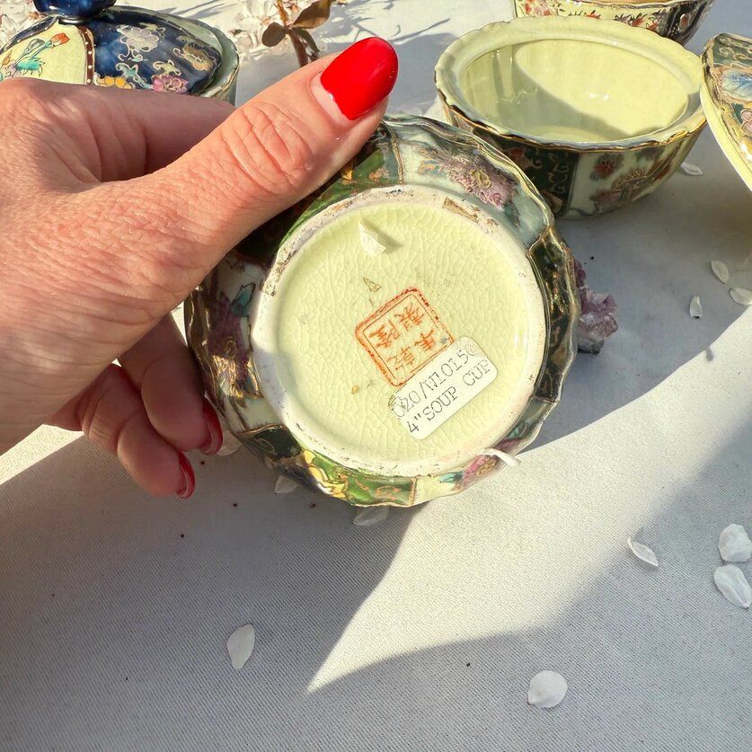 Чаша суповая, сахарница Satsuma фарфор роспись 50-е гг Шинуазри зеленая 13 см