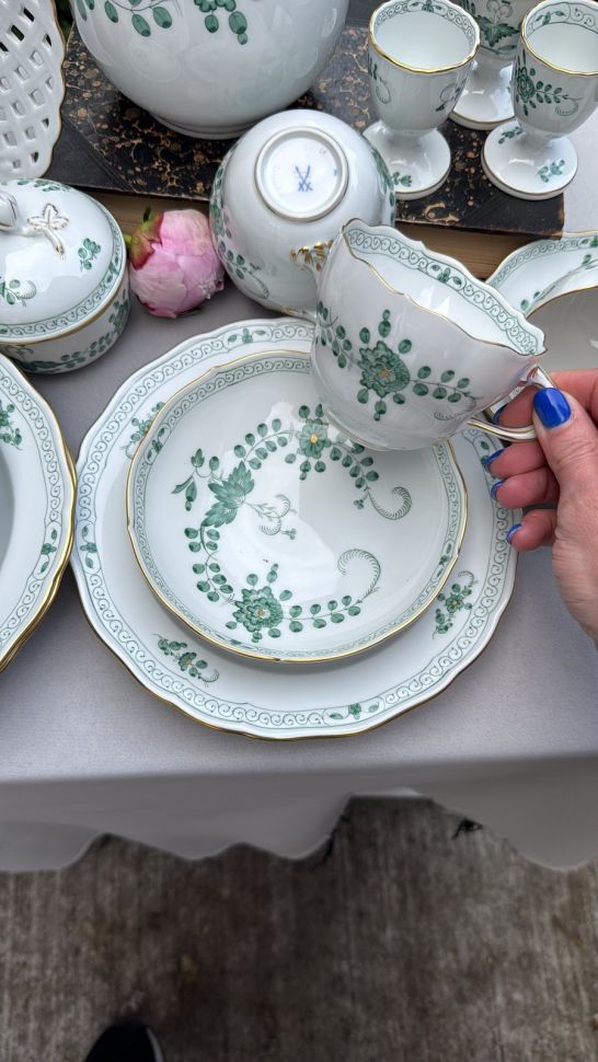 Чайная пара Meissen Индийская живопись​ зеленая 220 мл 1951 г. Германия