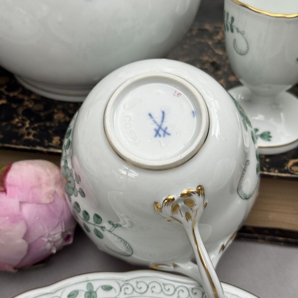 Чайная пара Meissen Индийская живопись​ зеленая 220 мл 1951 г. Германия