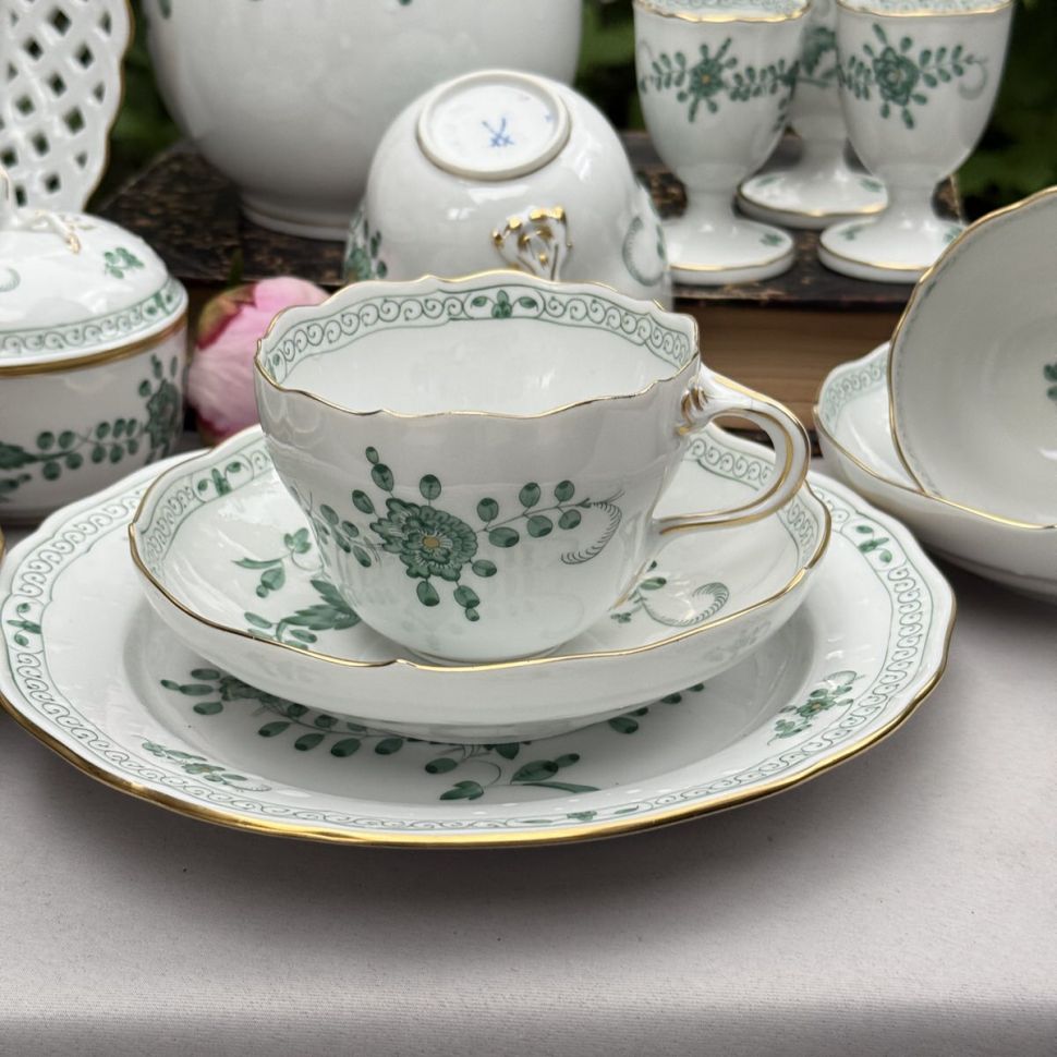 Чайная пара Meissen Индийская живопись​ зеленая 220 мл 1951 г. Германия