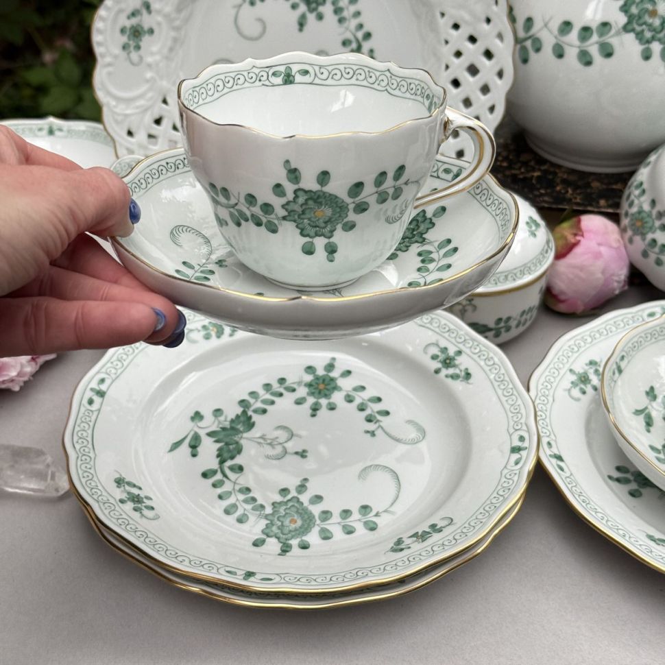 Чайная пара Meissen Индийская живопись​ зеленая 220 мл 1951 г. Германия