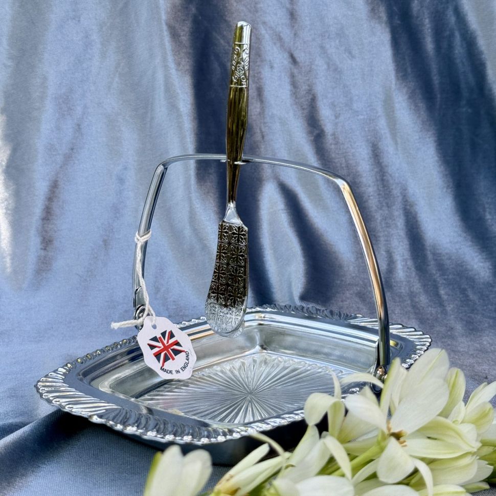 Масленка с ножом 19 см сталь хромирование стекло Англия 