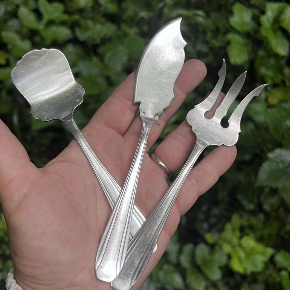 Вилка нож лопатка для рыбы 17 см мельхиор серебрение набор Франция