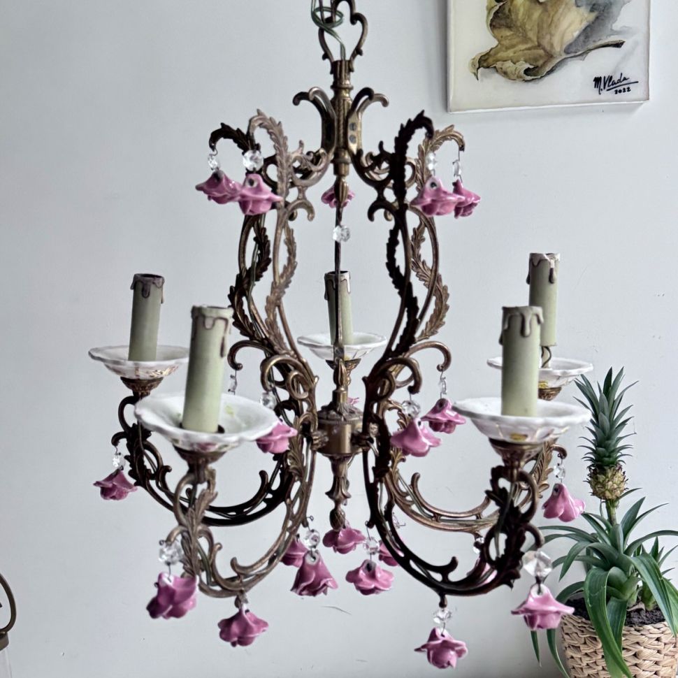 Люстра Французская роза ручная керамика и бронза 50-е гг 76х44 см 