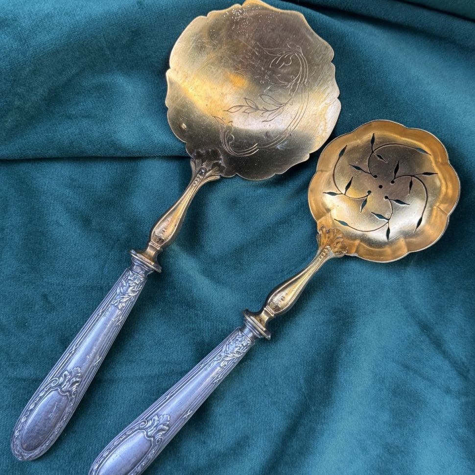 Ложка для ягод Минерва 20 см серебро позолота Франция  