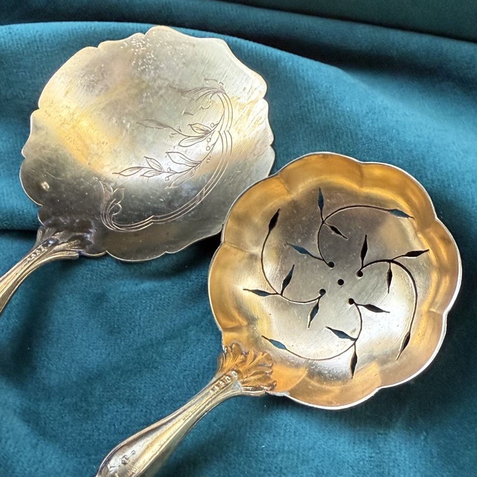 Ложка для ягод Минерва 20 см серебро позолота Франция  