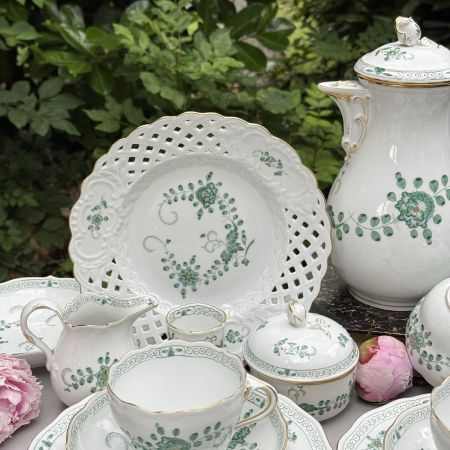 Сахарница молочник набор 2 предмета Meissen Индийская живопись​ зеленая 1951 г. Германия