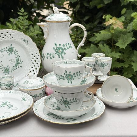 Сахарница молочник набор 2 предмета Meissen Индийская живопись​ зеленая 1951 г. Германия