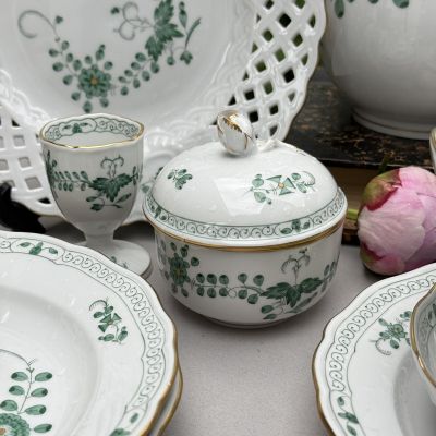 Сахарница молочник набор 2 предмета Meissen Индийская живопись​ зеленая 1951 г. Германия