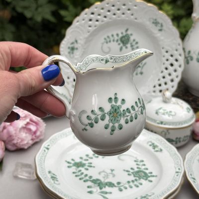 Сахарница молочник набор 2 предмета Meissen Индийская живопись​ зеленая 1951 г. Германия