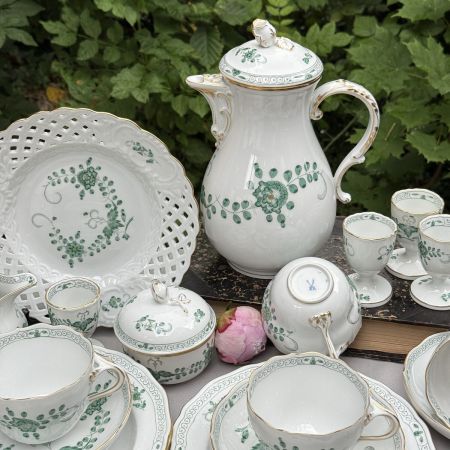 Сахарница молочник набор 2 предмета Meissen Индийская живопись​ зеленая 1951 г. Германия