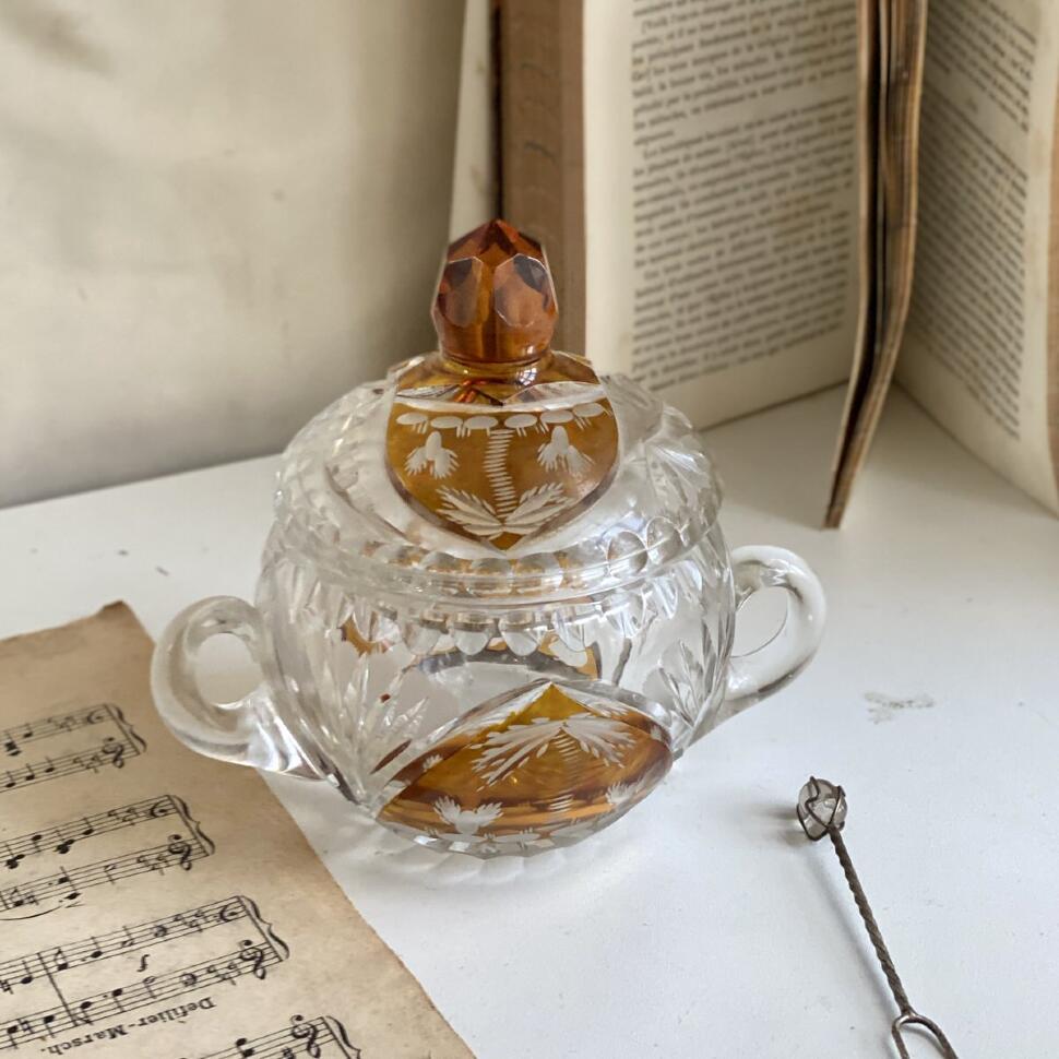 Сахарница старинная 14 см хрусталь желтый и белый Пальмы