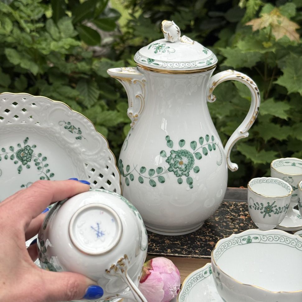 Кофейник чайник Meissen Индийская живопись​ зеленая 1,3 л 1951 г. Германия