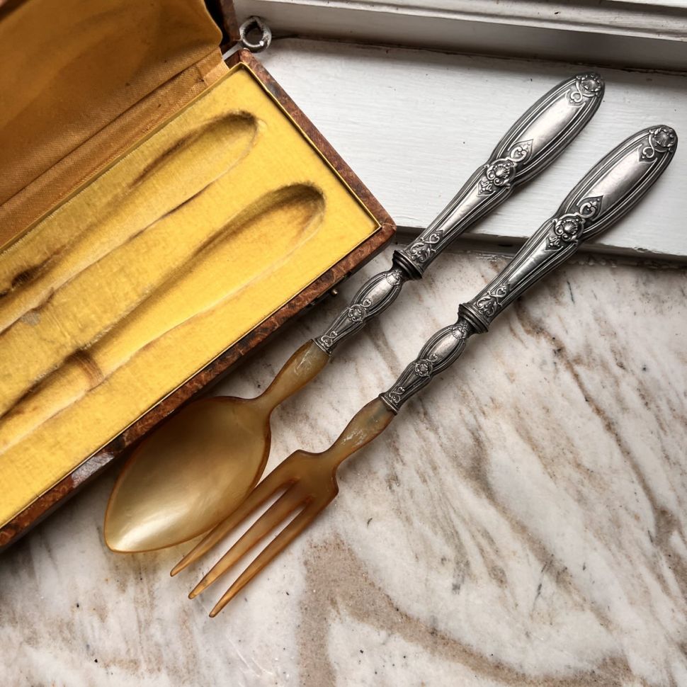 Ложка и вилка набор сервировочный 28 см серебро Франция