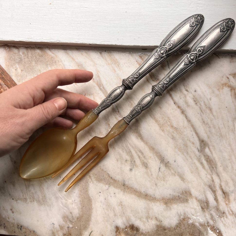 Ложка и вилка набор сервировочный 28 см серебро Франция