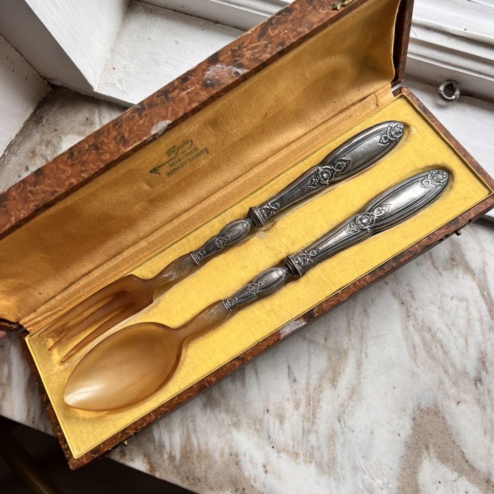 Ложка и вилка набор сервировочный 28 см серебро Франция