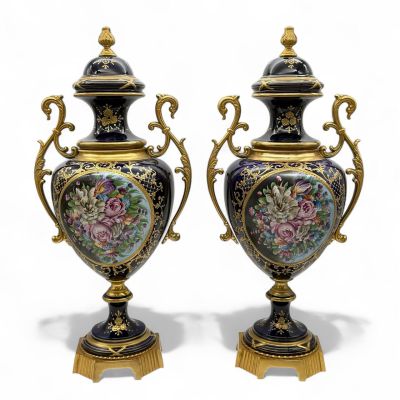 Вазы амфоры Limoges 19 век Франция фарфор бронза ручная роспись