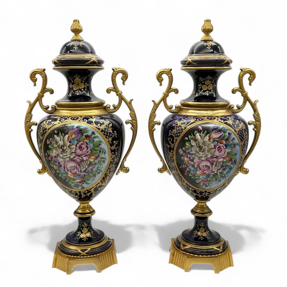 Вазы амфоры Limoges 19 век Франция фарфор бронза ручная роспись