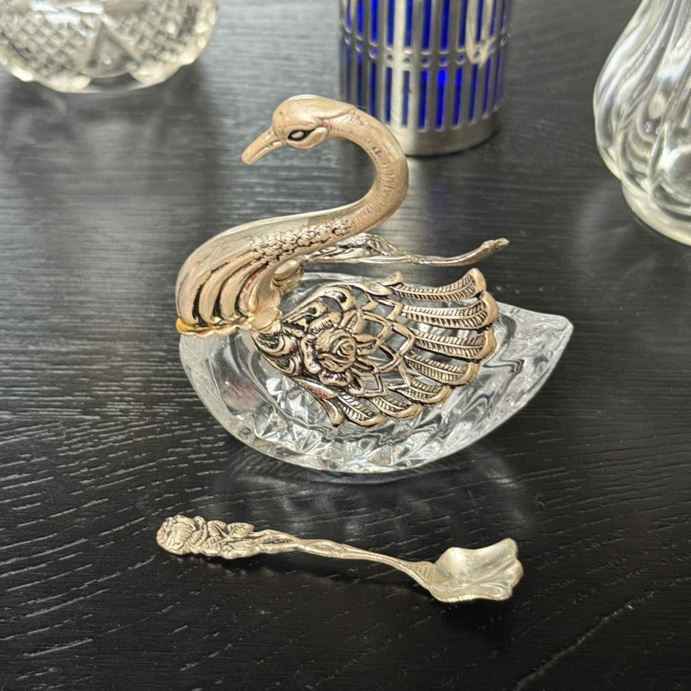 Солонка Лебедь с ложечкой хрусталь серебрение