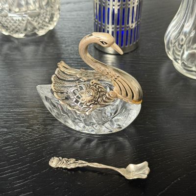 Солонка Лебедь с ложечкой хрусталь серебрение