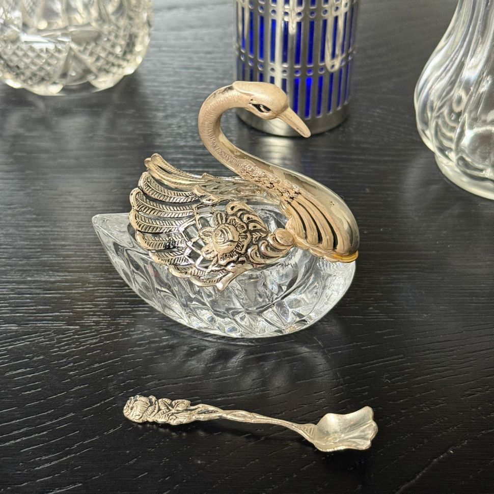 Солонка Лебедь с ложечкой хрусталь серебрение