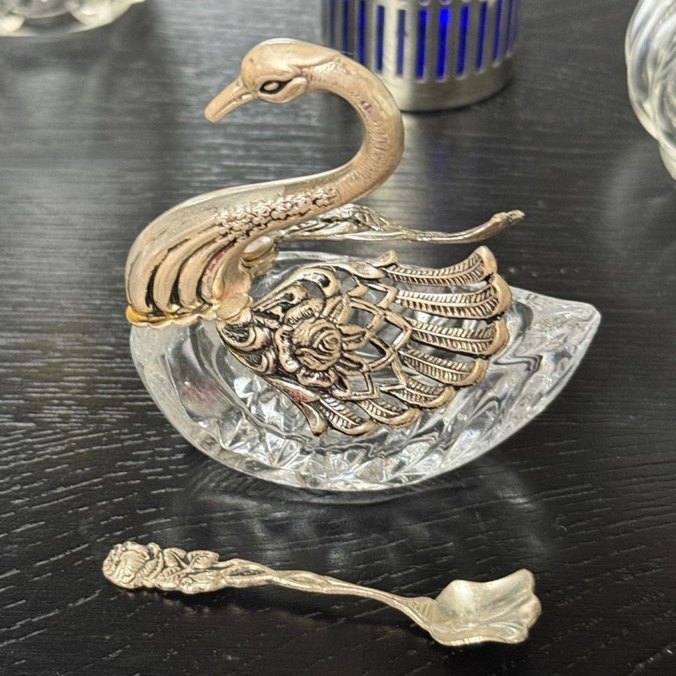 Солонка Лебедь с ложечкой хрусталь серебрение