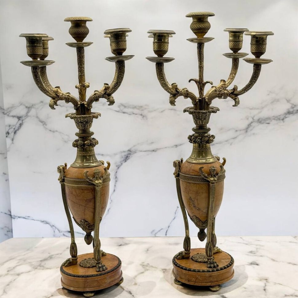 Подсвечник канделябр на 5 свечей набор 2 шт Ампир Наполеон I начало 19 век бронза мрамор