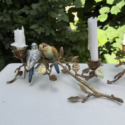 Подсвечник скульптура Попугаи 37 см 1895 фарфор бронза