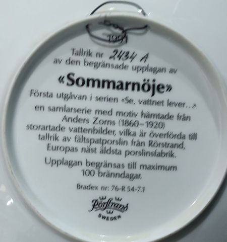 Тарелка 21 см Rorstrand Sommarnoje 1991 г. Anders Zorn