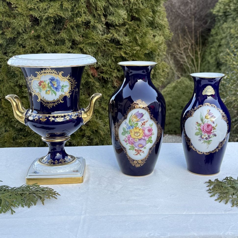 Ваза Hutschenreughter 23 см Мейсенский букет 1973 г Германия